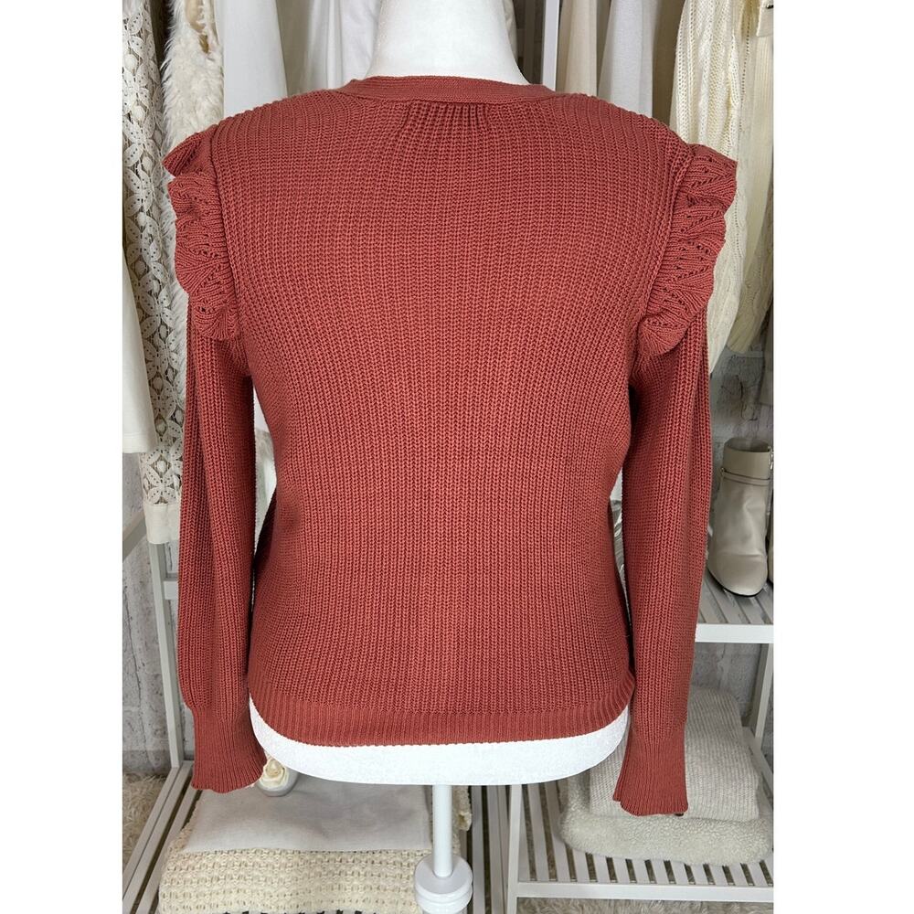 Marled Reunited Clothing Women's Sz L Mauve Ruffle Shoulder Cardigan #0378 - Picture 5 of 11